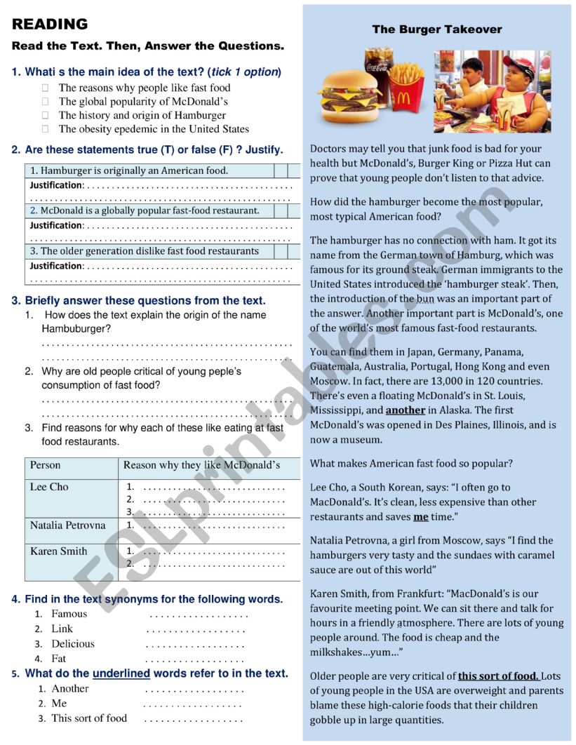 Reading: McDonalds  worksheet