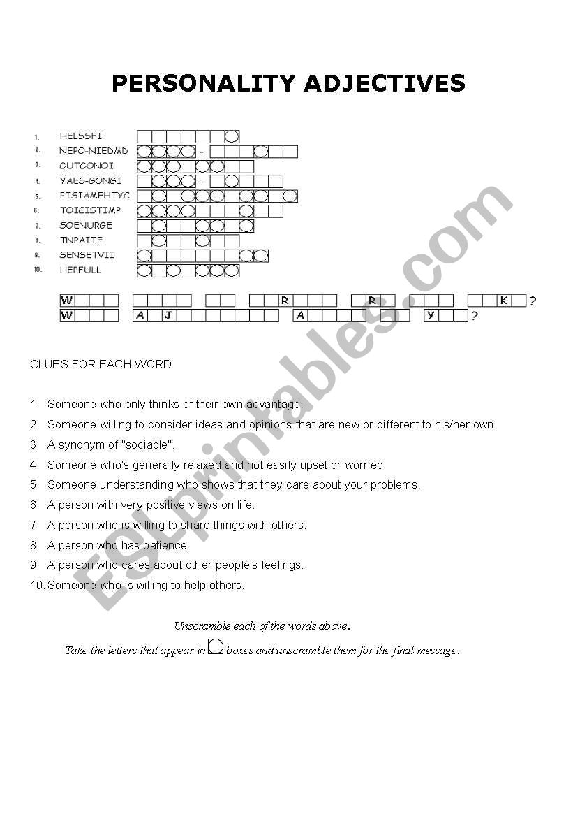 Personality Adjectives - Scrambled words