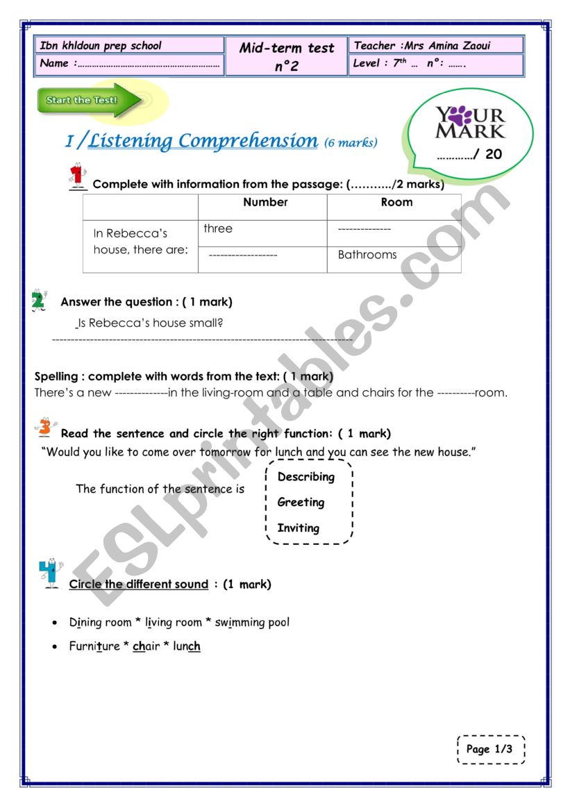 Mid term test 2 7th form - ESL worksheet by emiiina