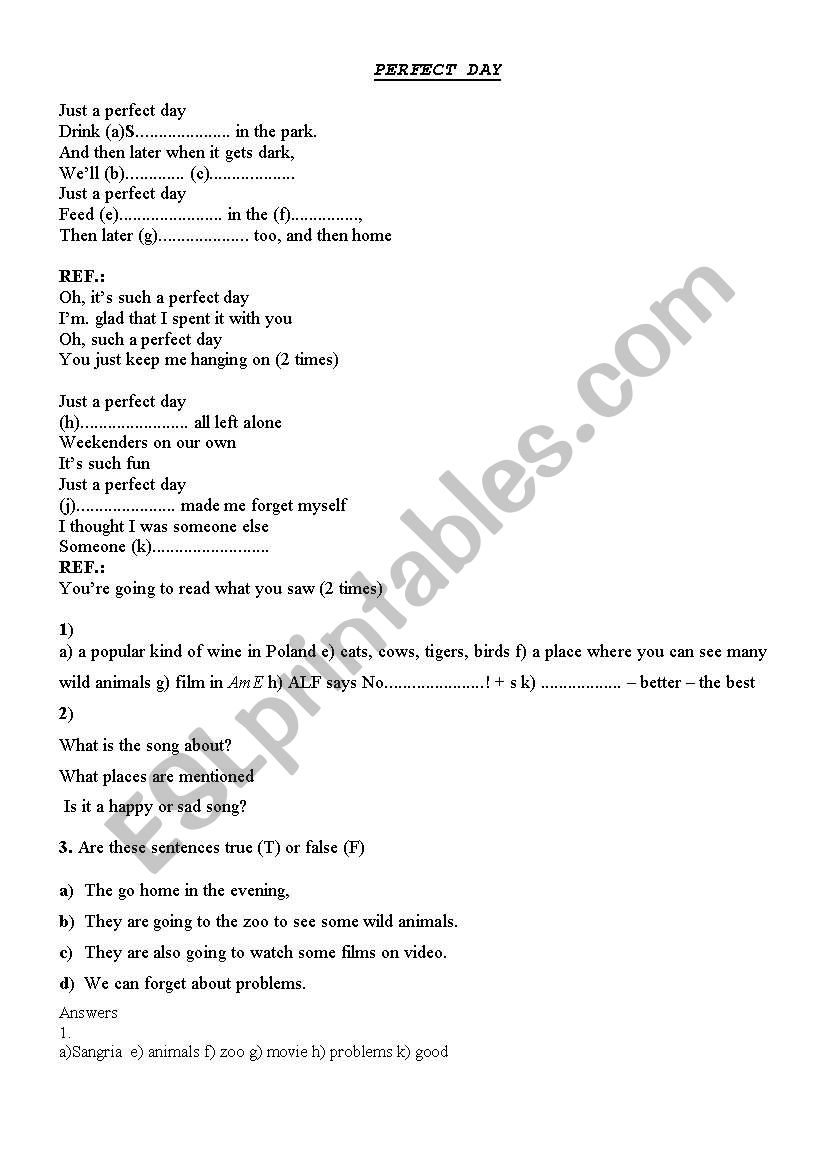 Perfect day - song worksheet