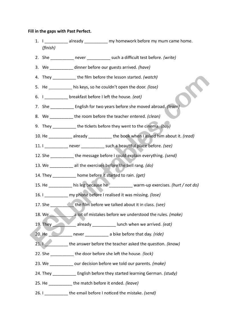 Past Perfect with key worksheet