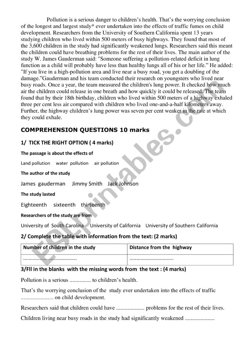 Pollution worksheet