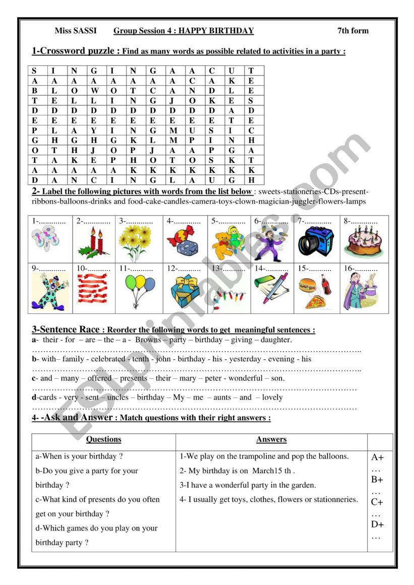 HAPPY BIRTHDAY  worksheet
