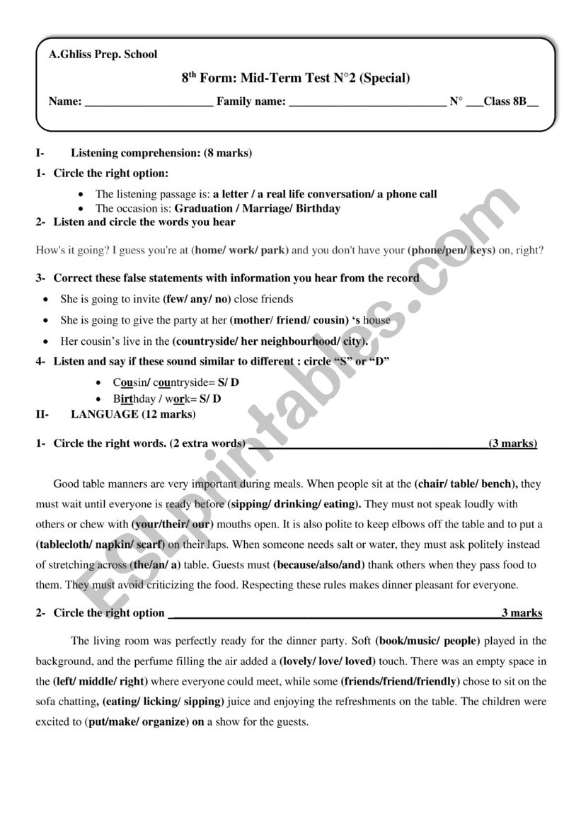 8th Form Mid Term Test Number 2 (Special needs Stdents)