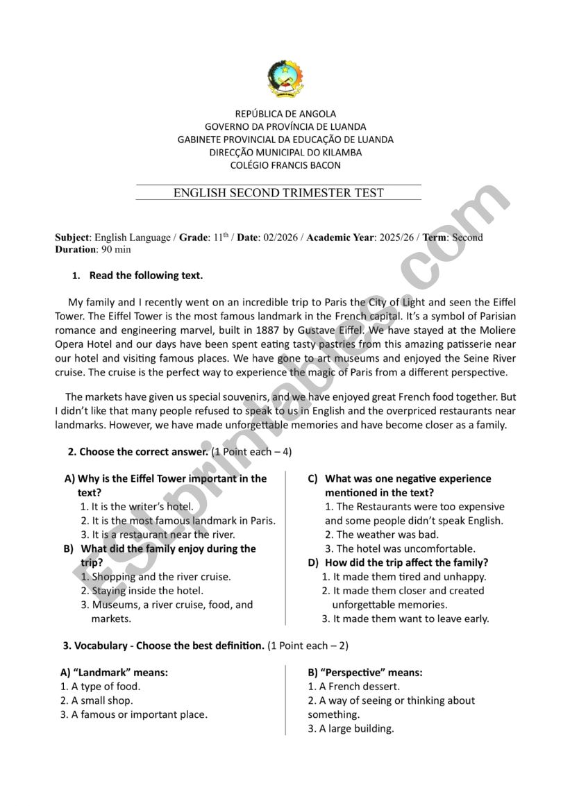 Multiple Choice Questions Test - Answer Key