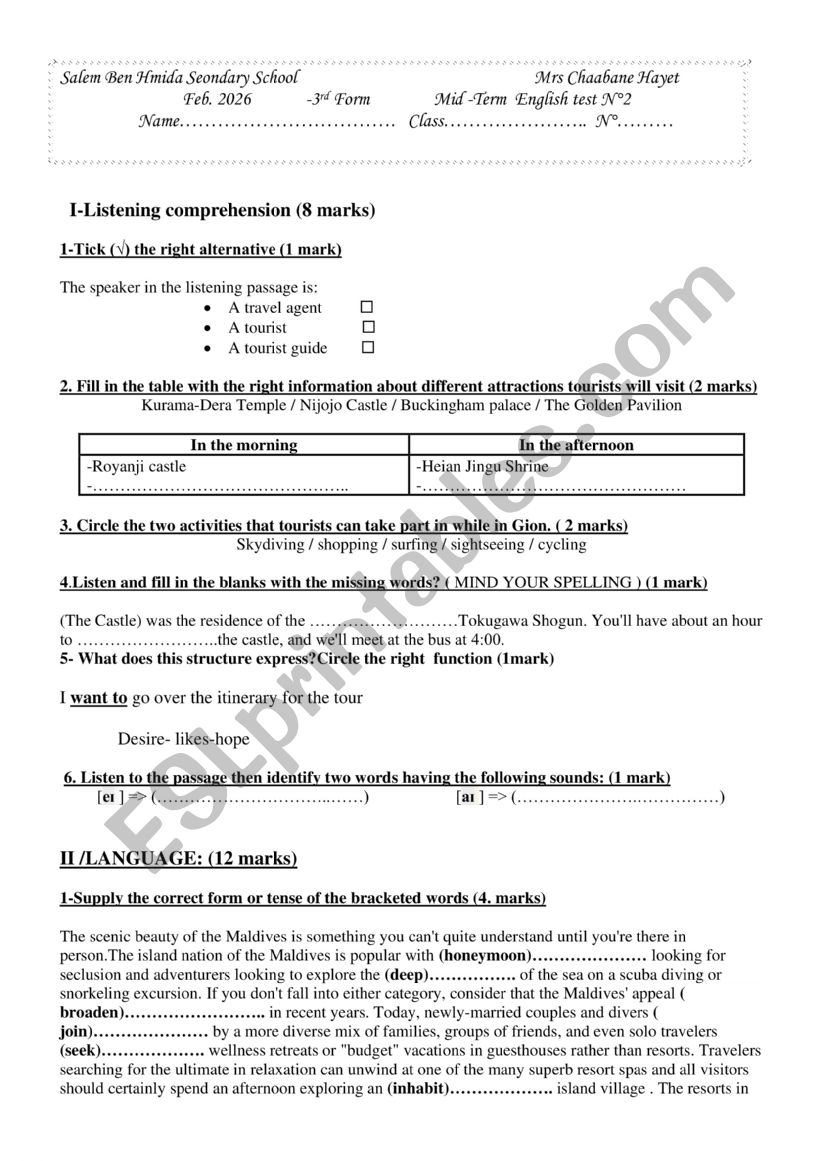 mid term test2-3rd form worksheet