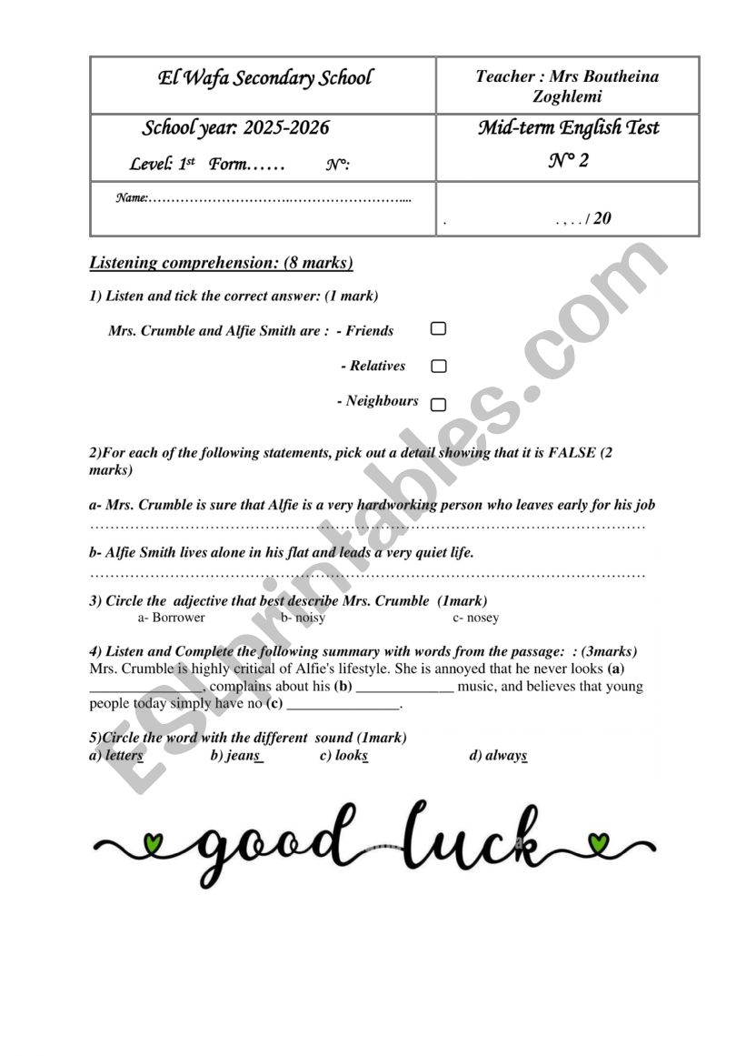 first form mid term test n 2  worksheet