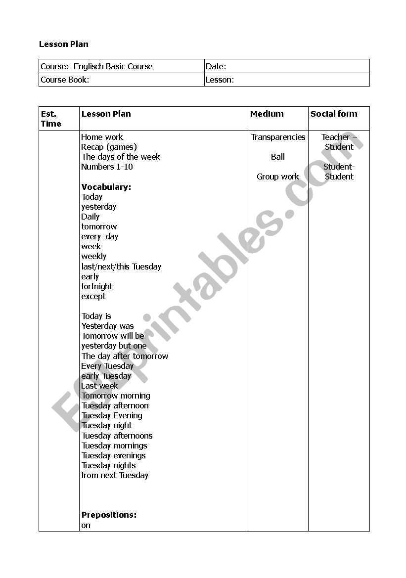 Days of the week worksheet