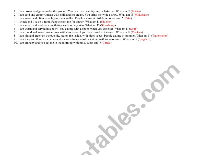 riddles about food worksheet