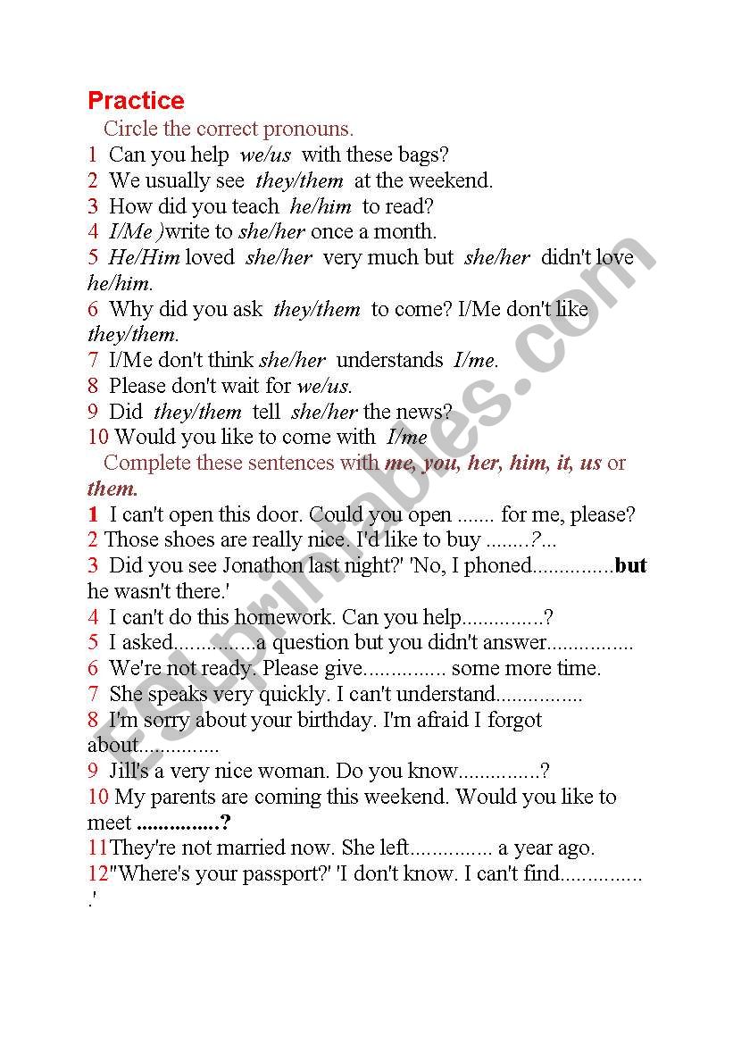 pronouns worksheet