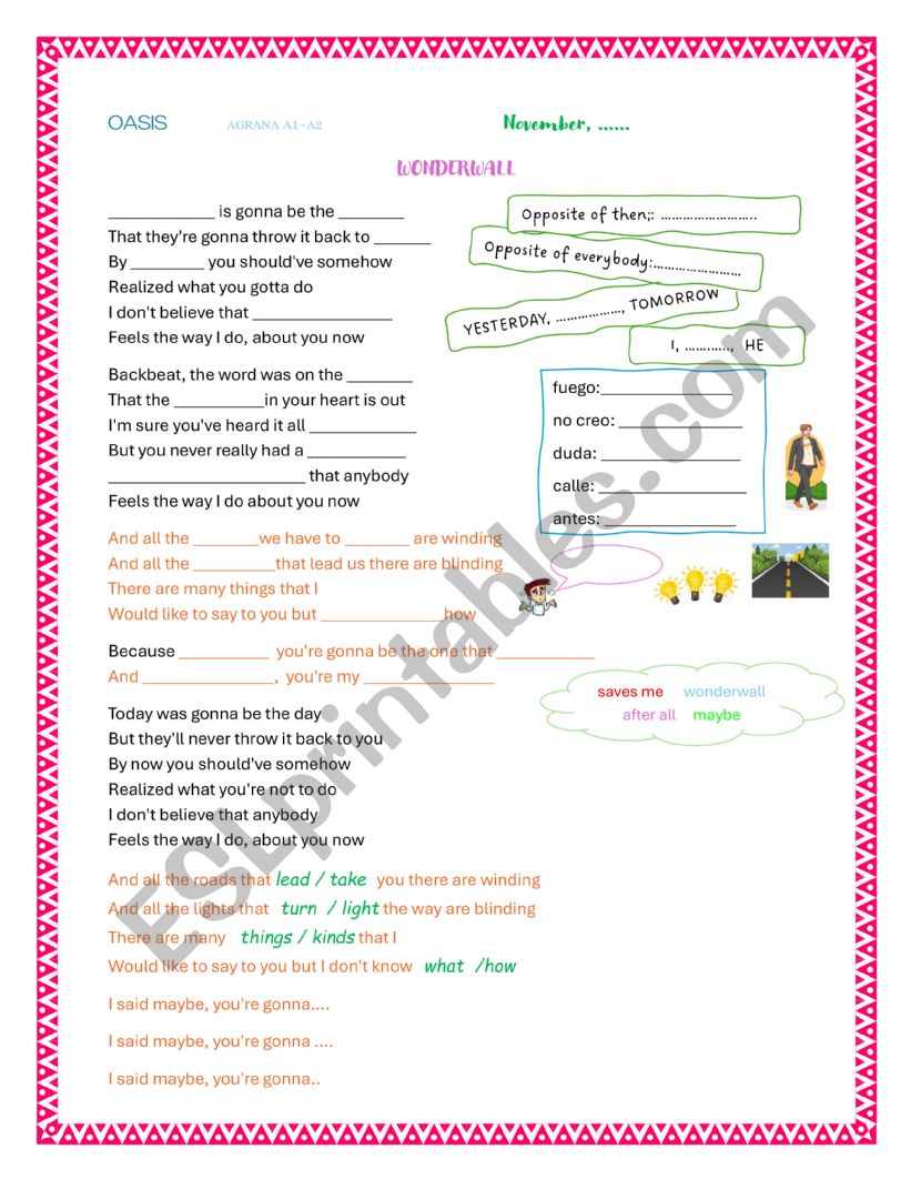 oasis wonderwall worksheet