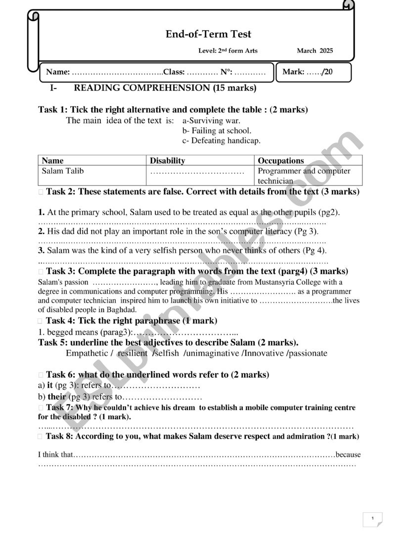 second year worksheet worksheet