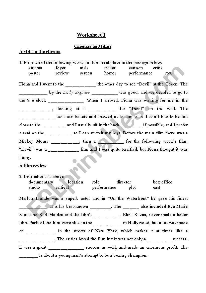 Cinema and films worksheet