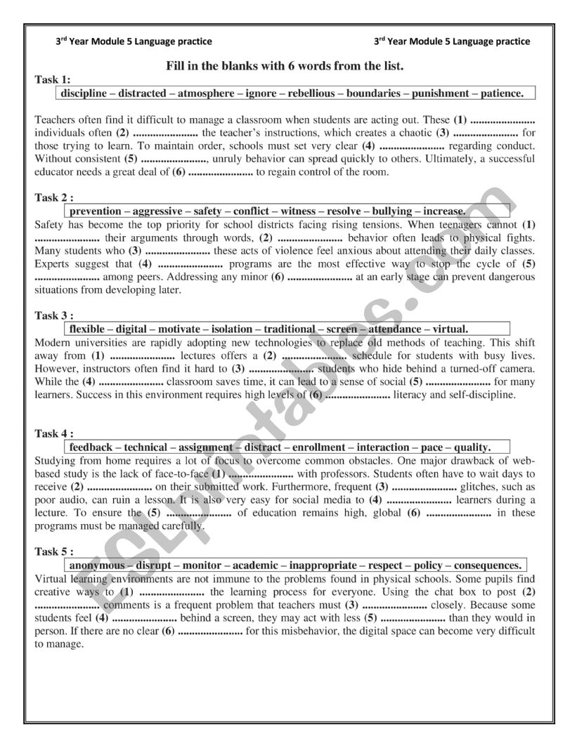 3rd Year Tunisia Module 5 Language tasks