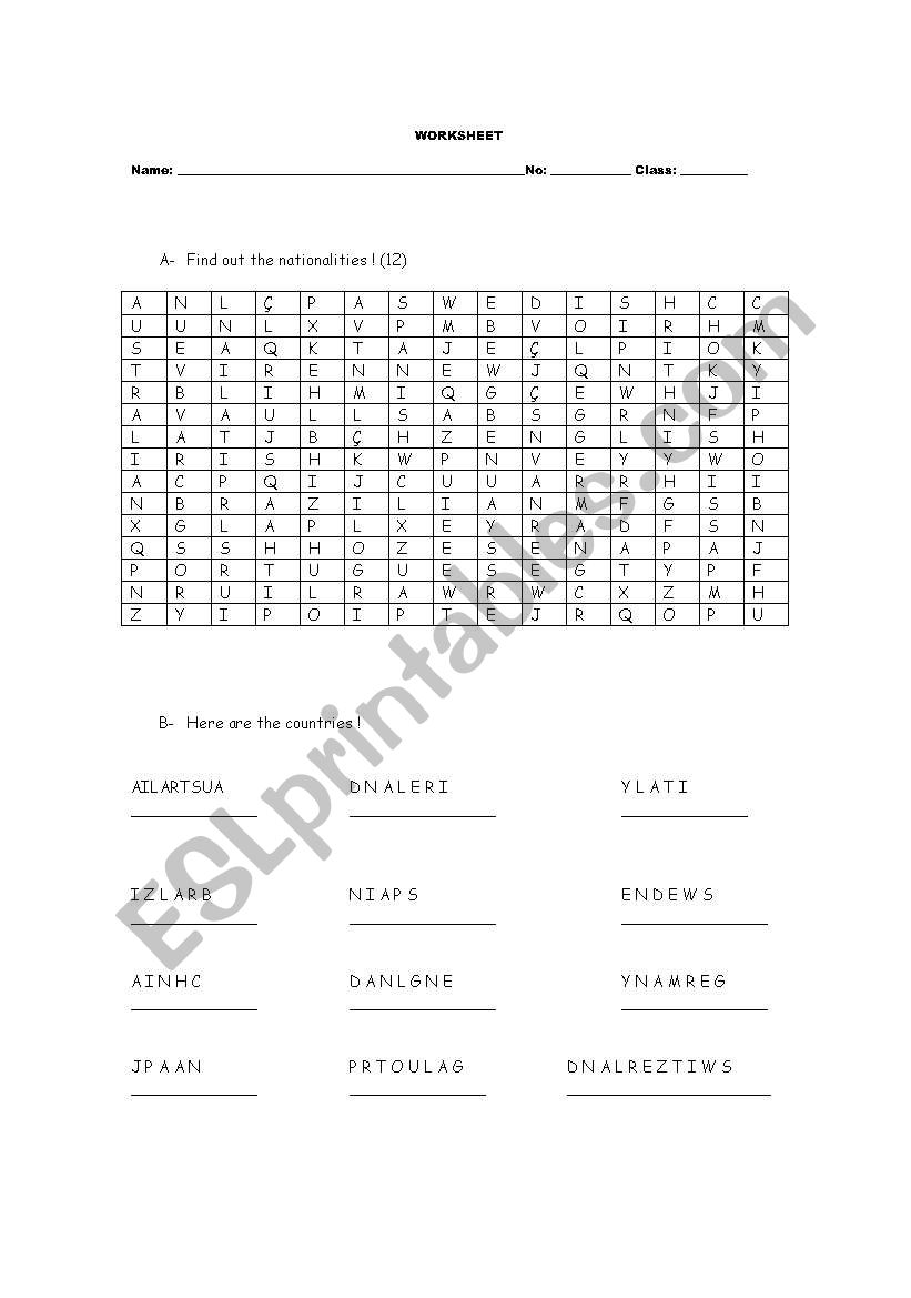 Finding nationalities worksheet