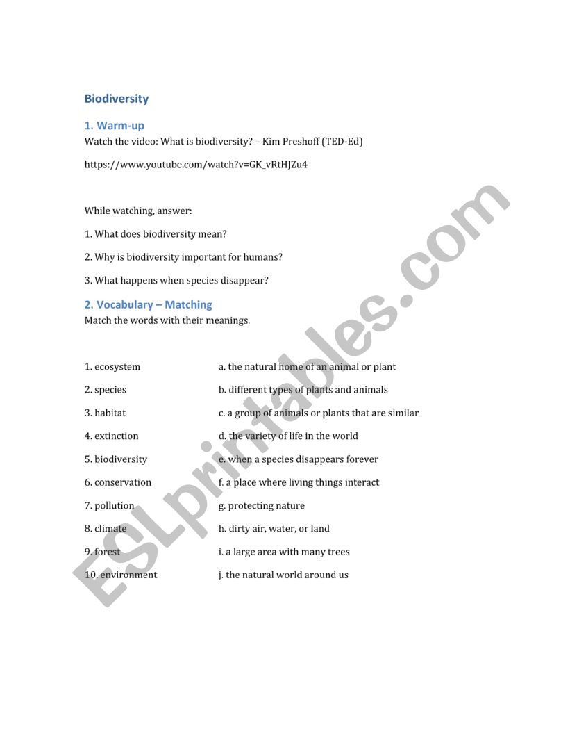 Biodiversity worksheet