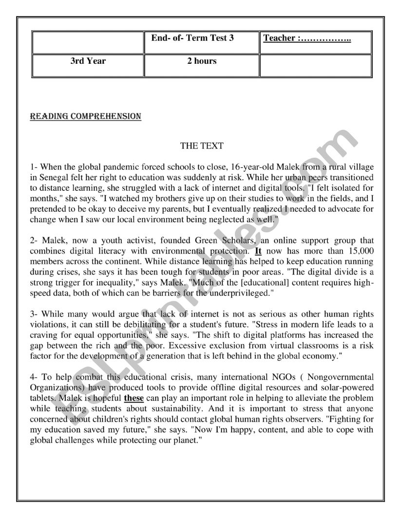 3rd Year ET3 Exam 2026 Sample 1 