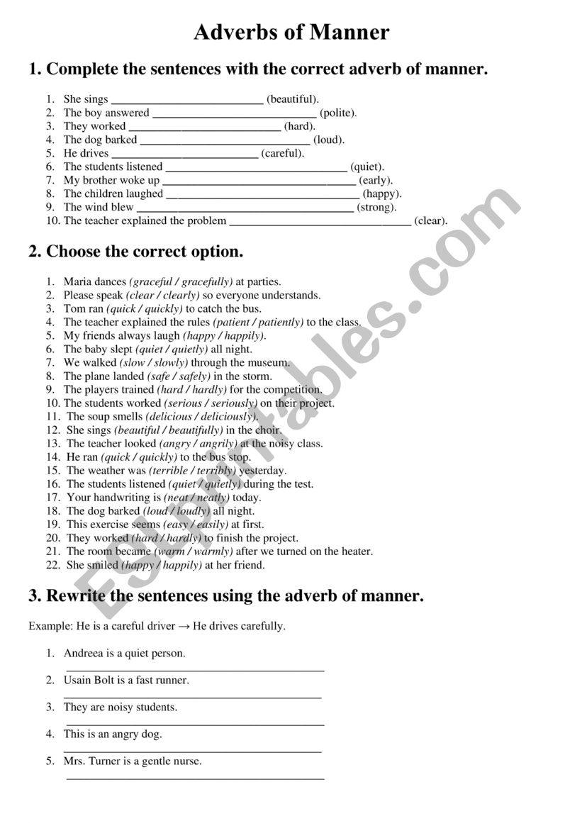 Adverbs of manner worksheet worksheet