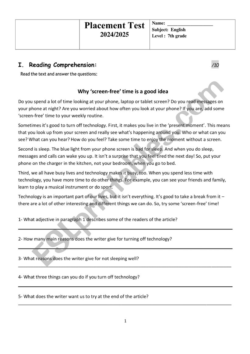 Placement Test Level A2 worksheet
