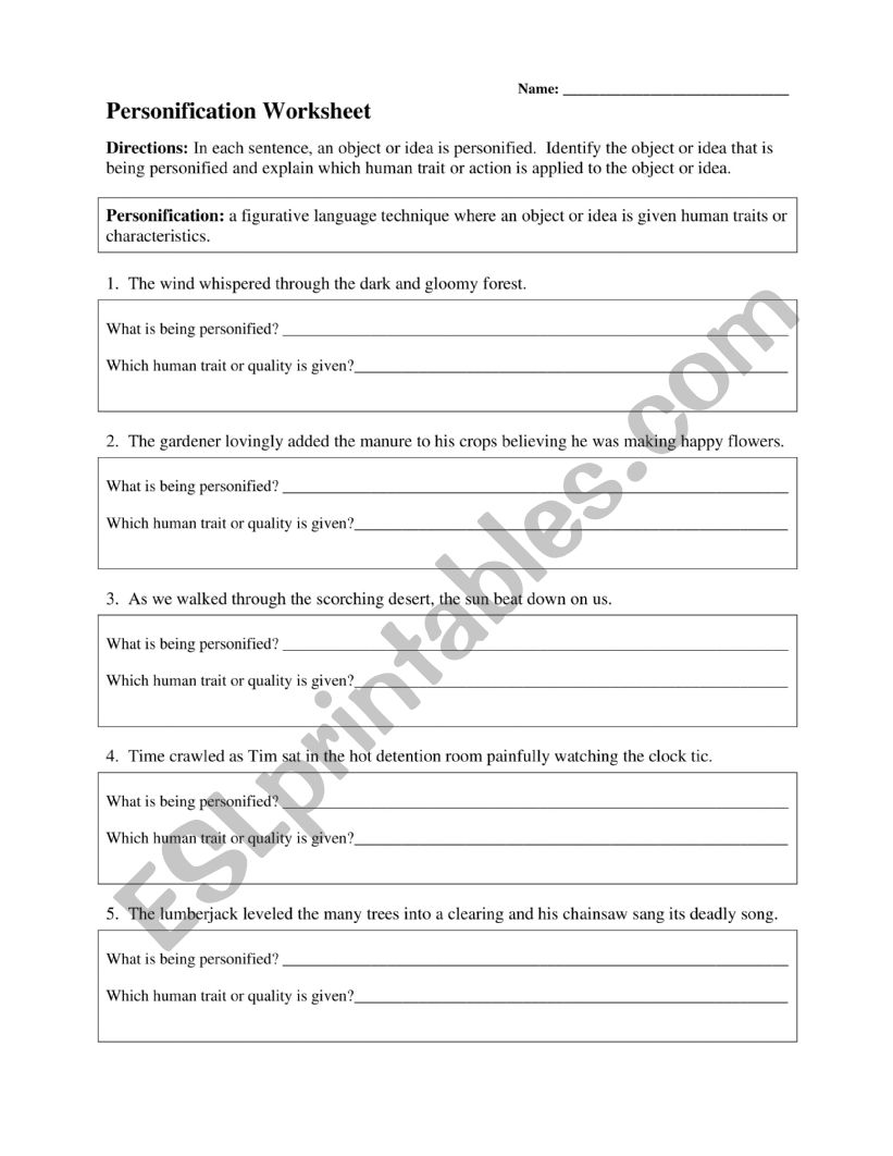 Personification worksheet