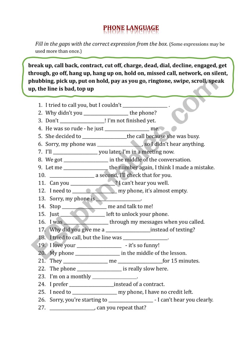 Phone language exercise worksheet