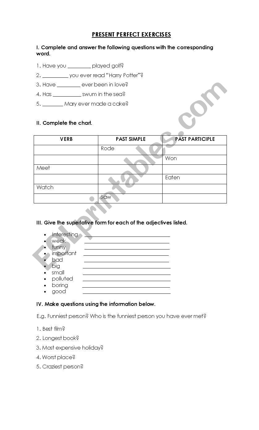 Present perfect exercises worksheet