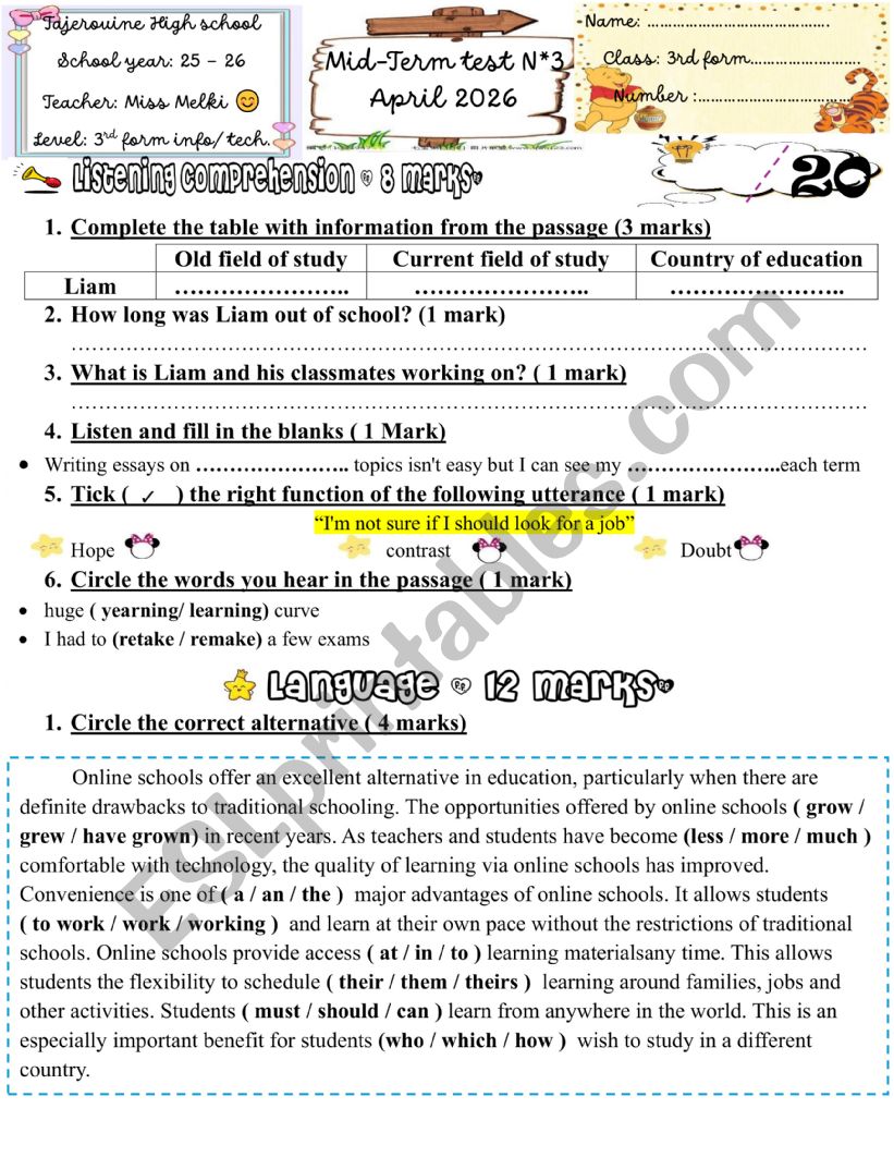 3rd form mid term test 3 - ESL worksheet by English-teacher 38