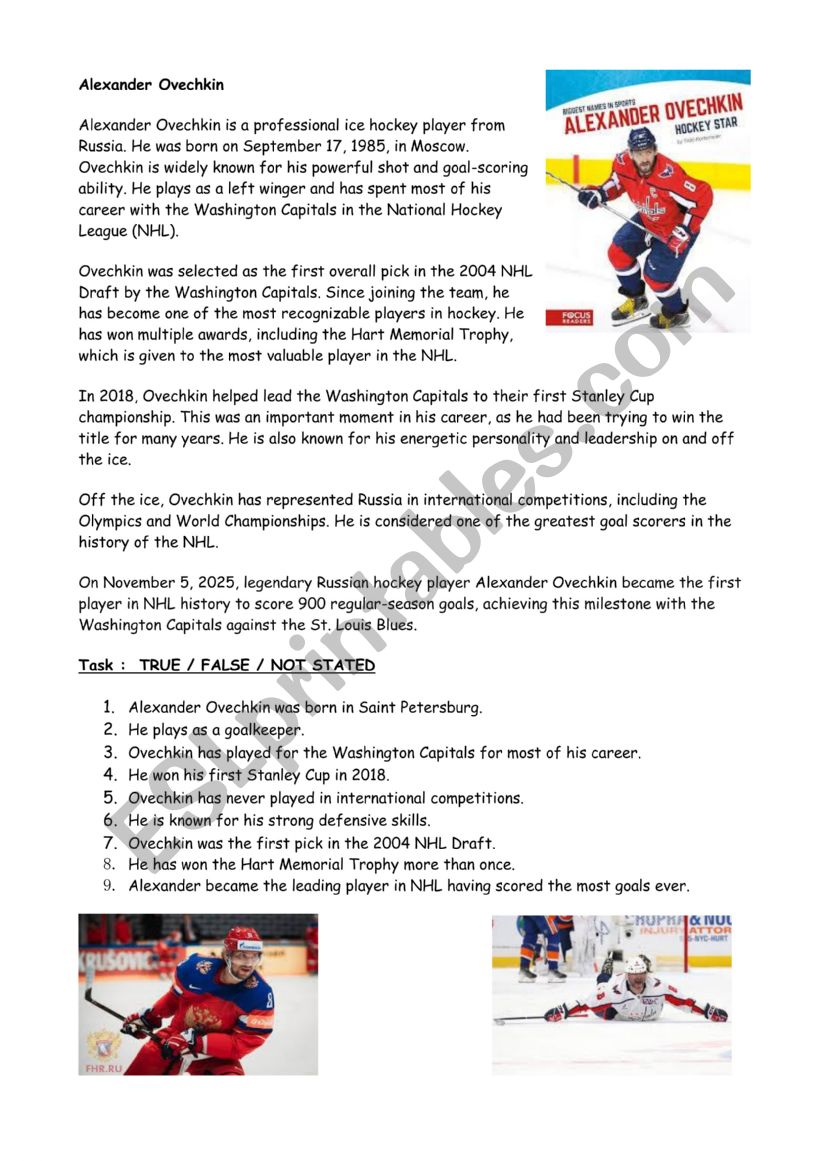 Alexander Ovechkin worksheet