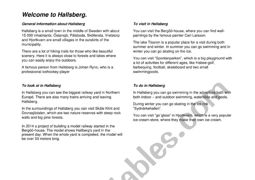 Welcome to Hallsberg worksheet