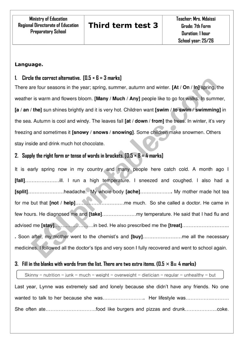 Full-term test 3 worksheet