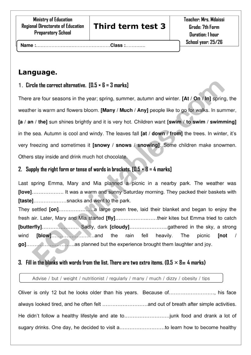 Full term test 3 worksheet