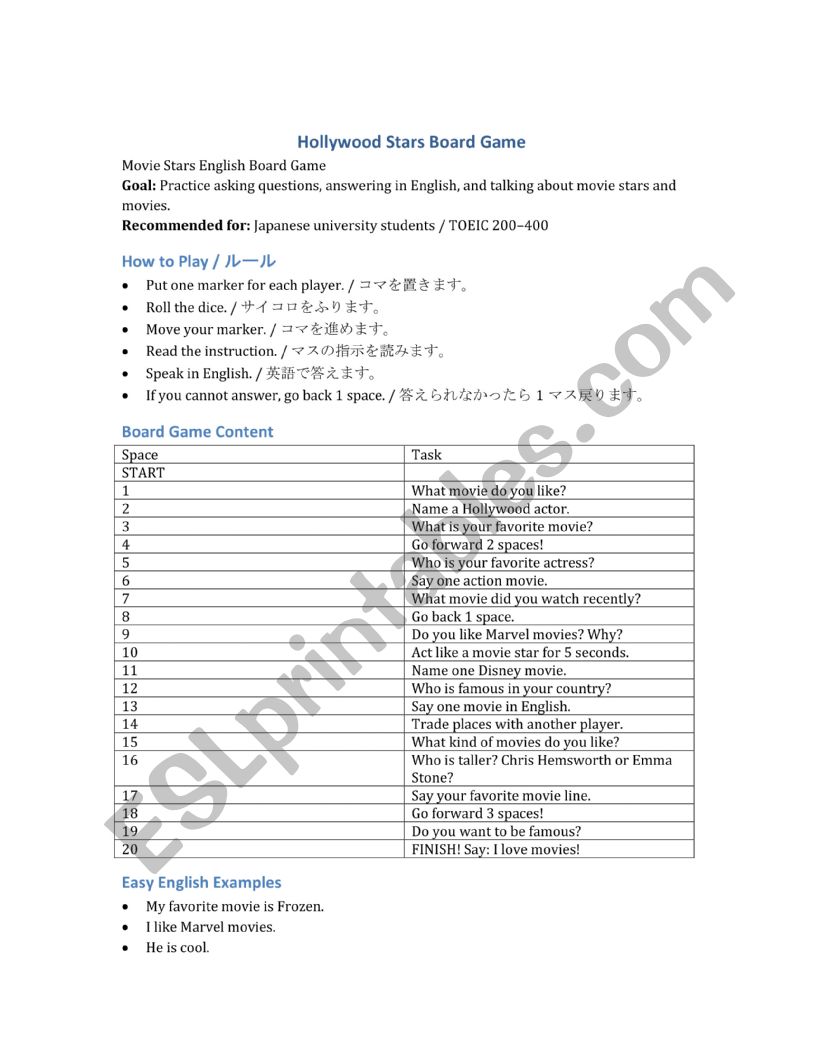 HOLLYWOOD MOVIE BOARD GAME worksheet