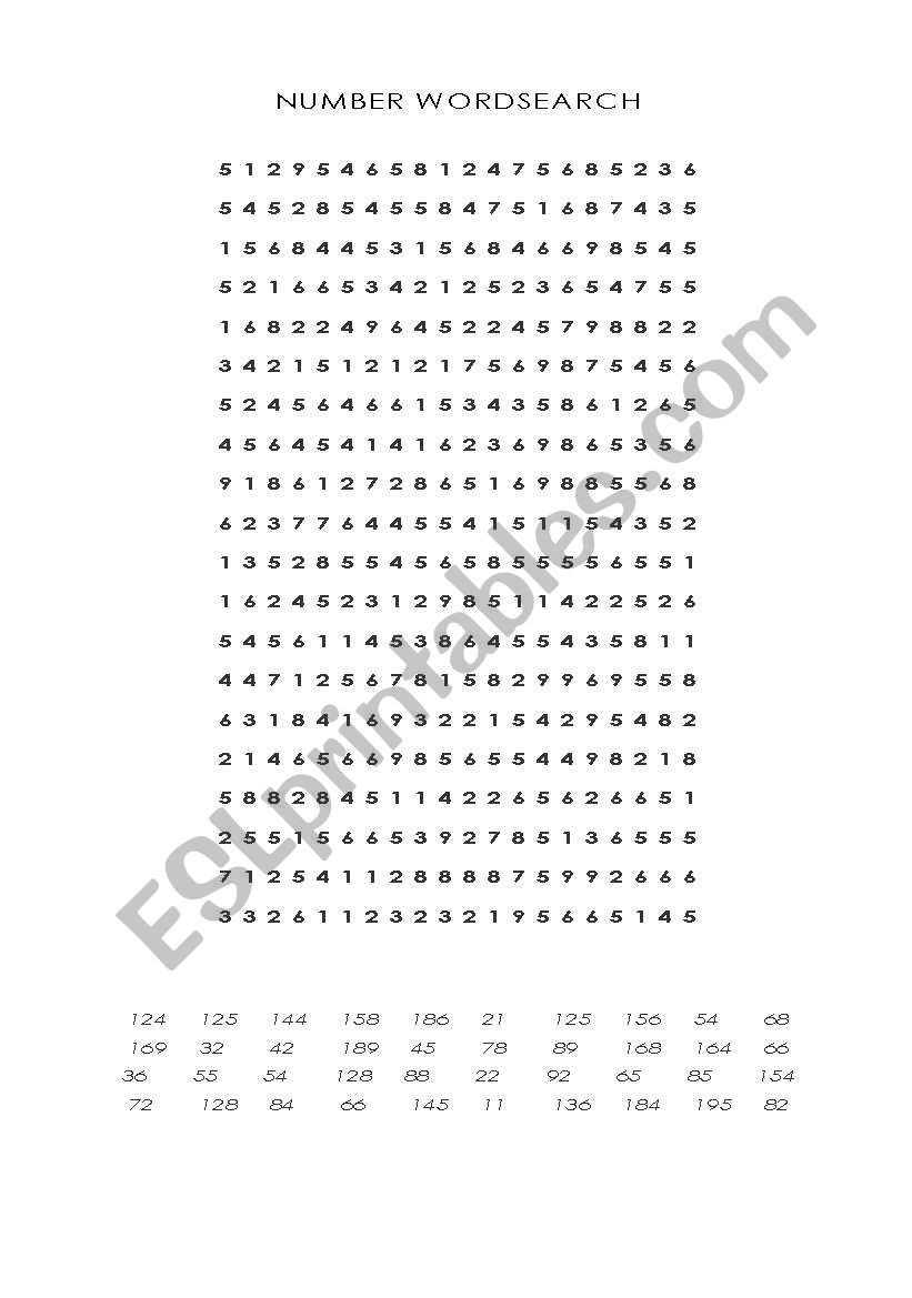 Number Wordsearch worksheet