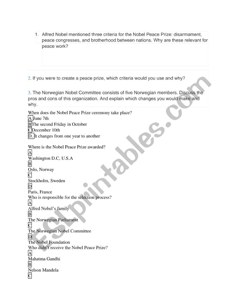 Nobel Prize Lesson worksheet