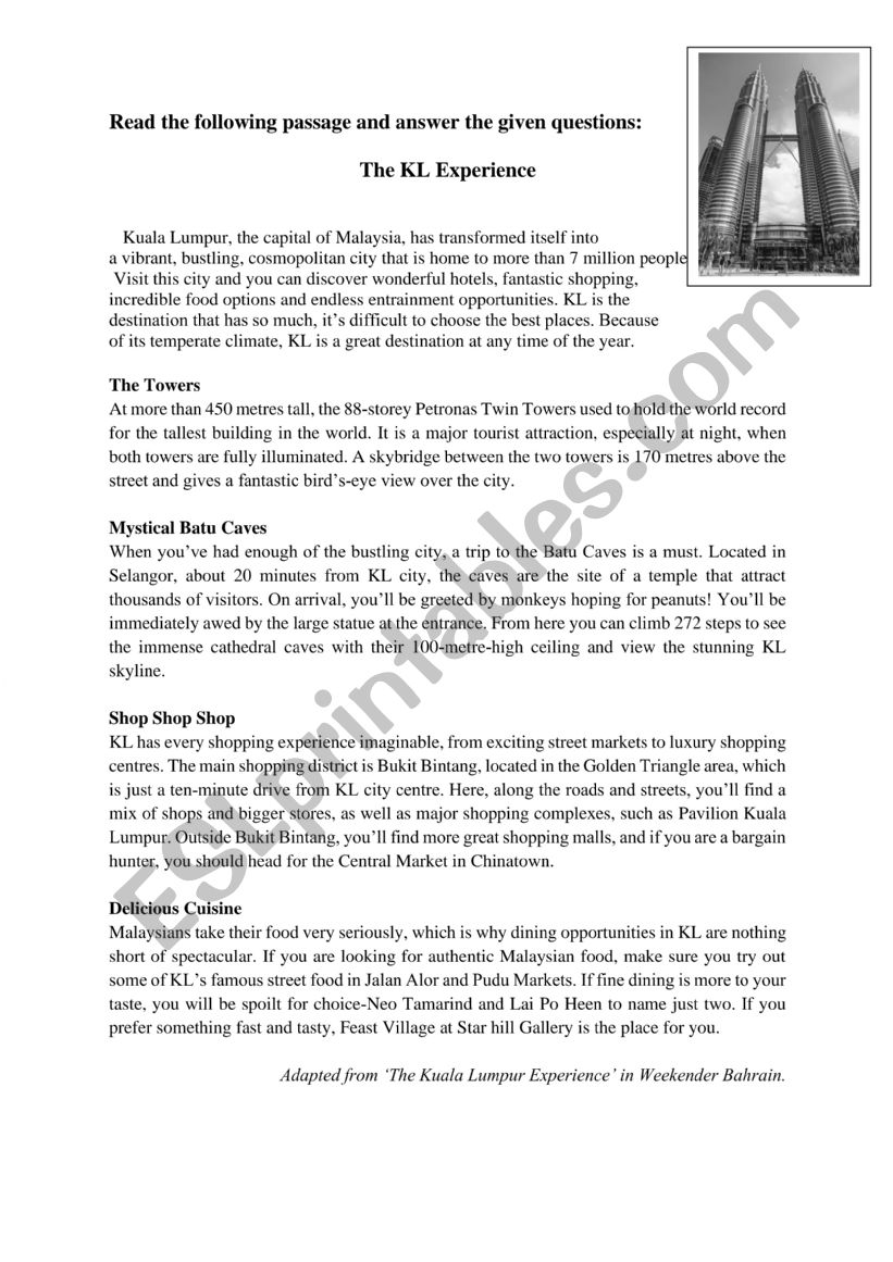 KL Experience- Reading worksheet