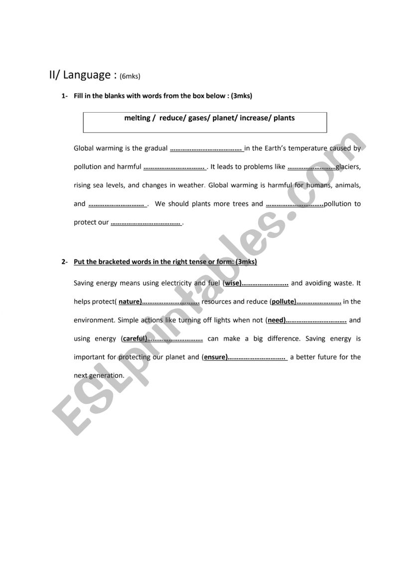 3rd formers language test worksheet