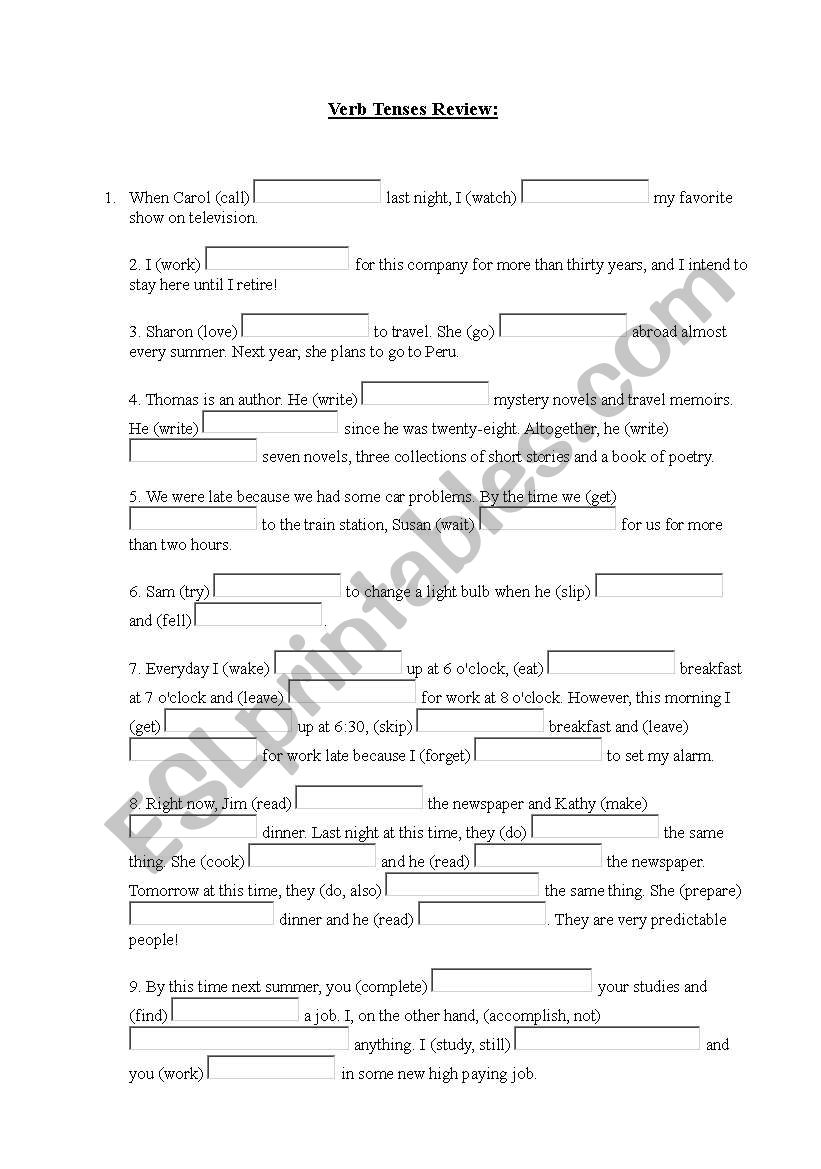 Verb Tenses Review worksheet
