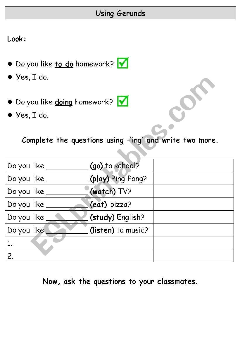 Using Gerunds worksheet