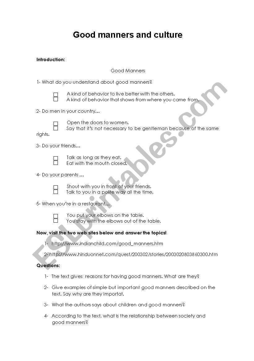 Good manners and culture worksheet