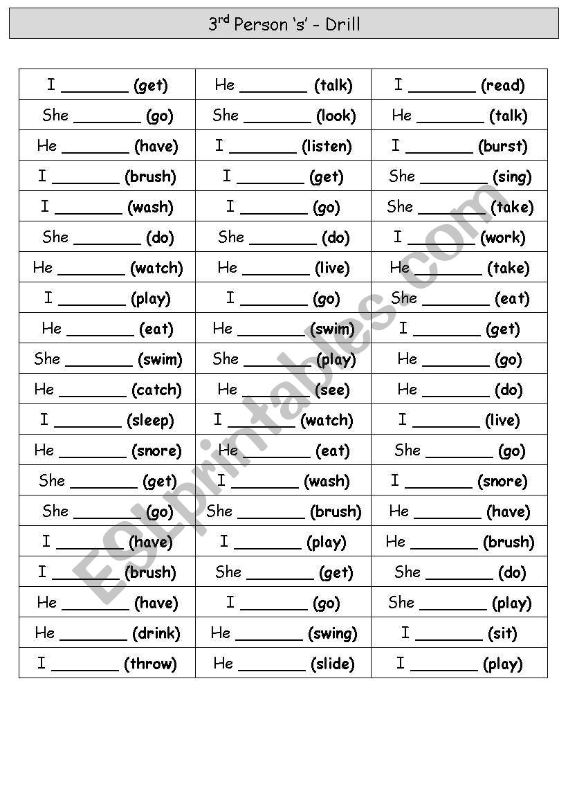 Third Person S Drill worksheet