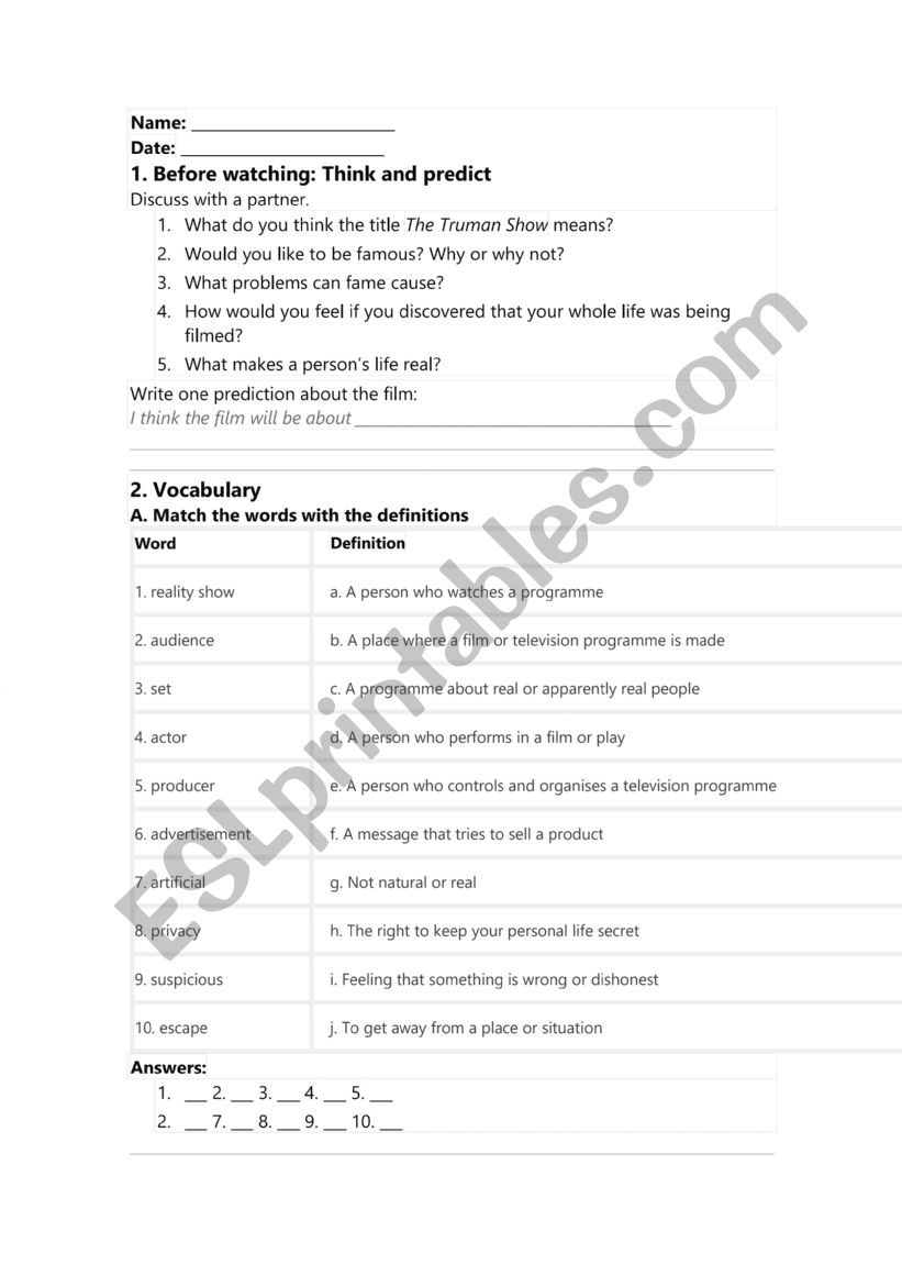 The Truman Show worksheet