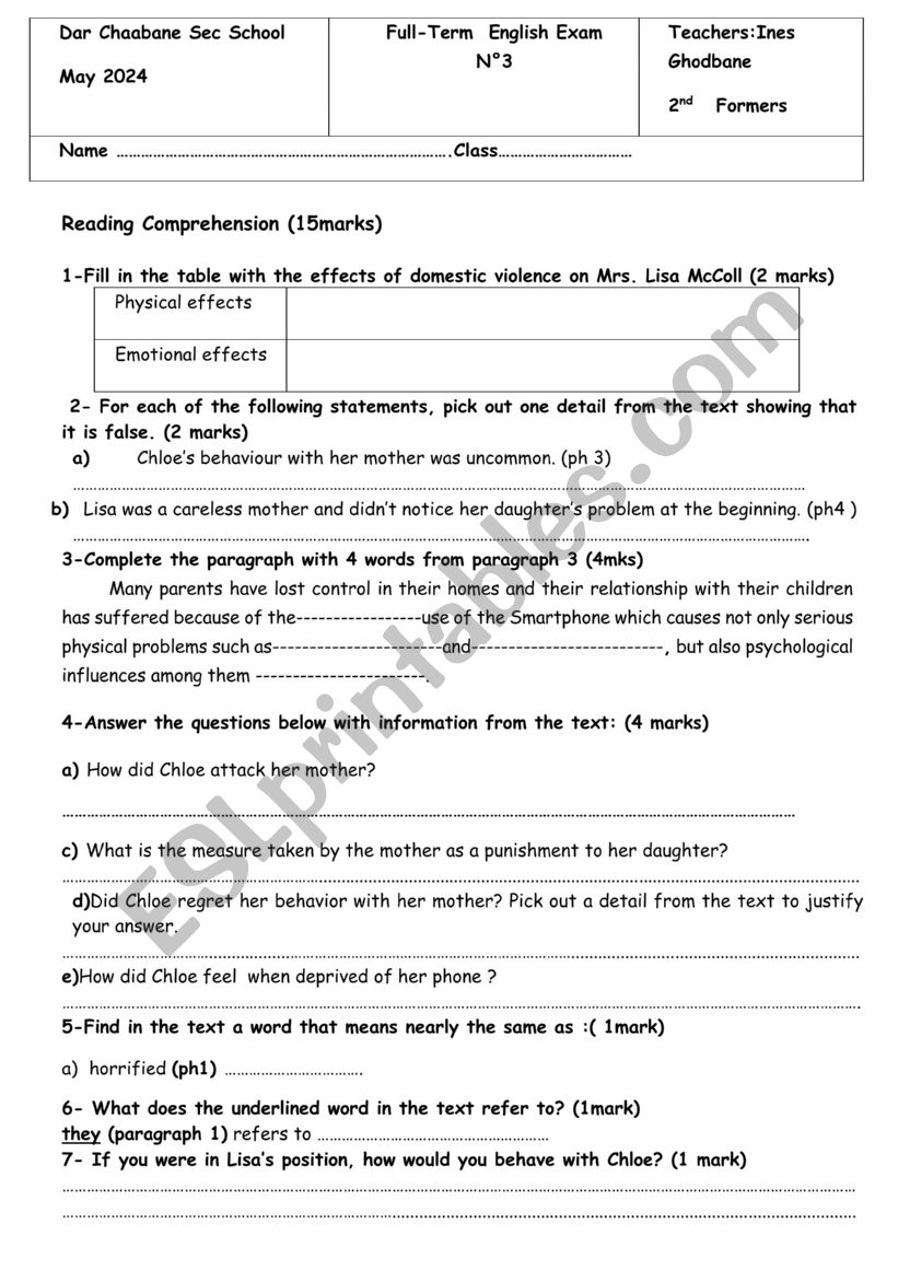 full term test n3 worksheet