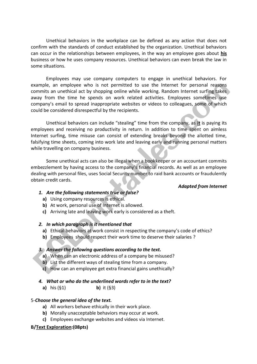 exam worksheet