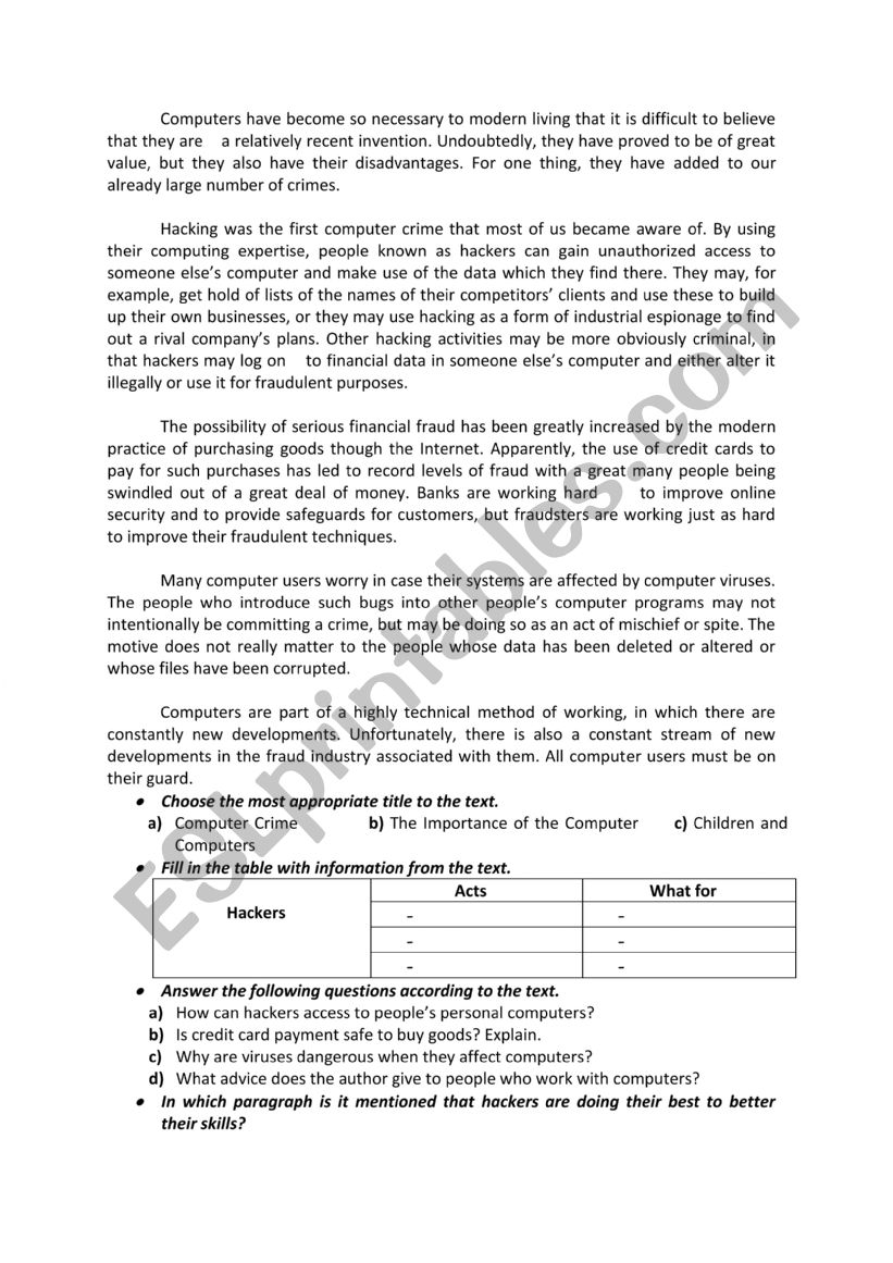exam worksheet