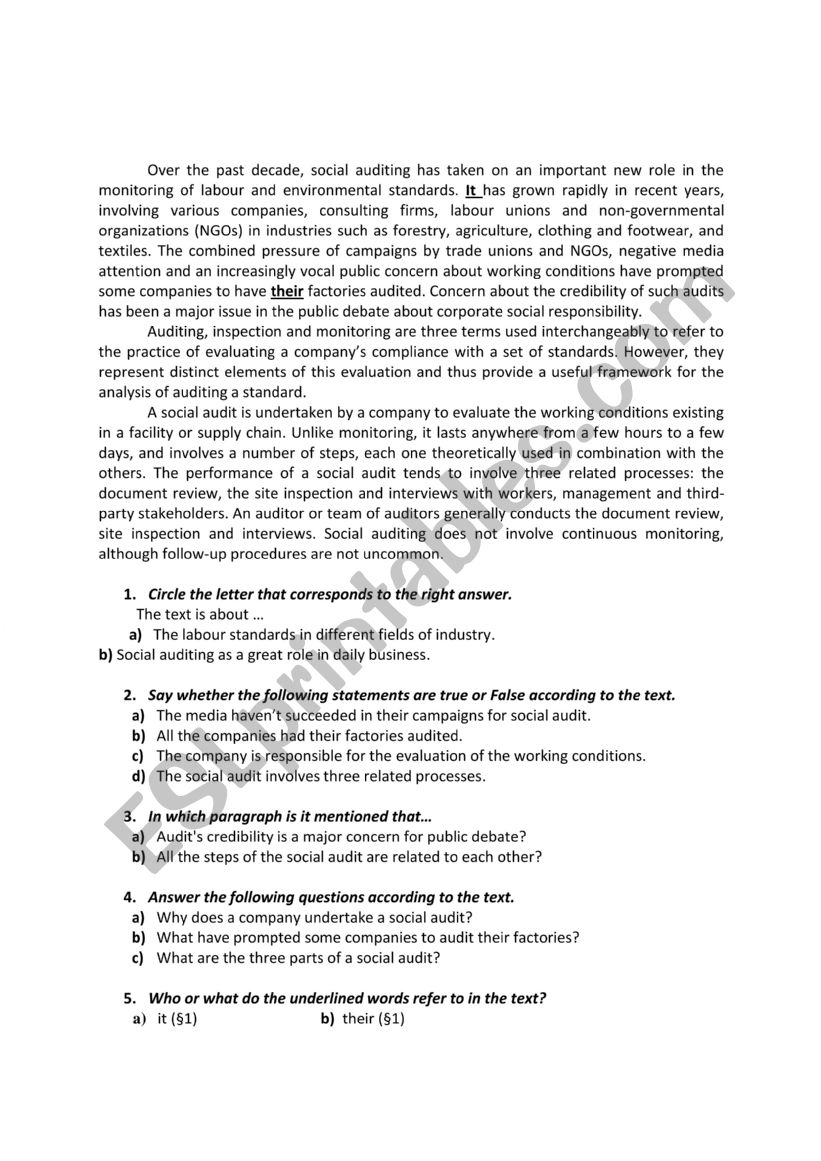 exam worksheet