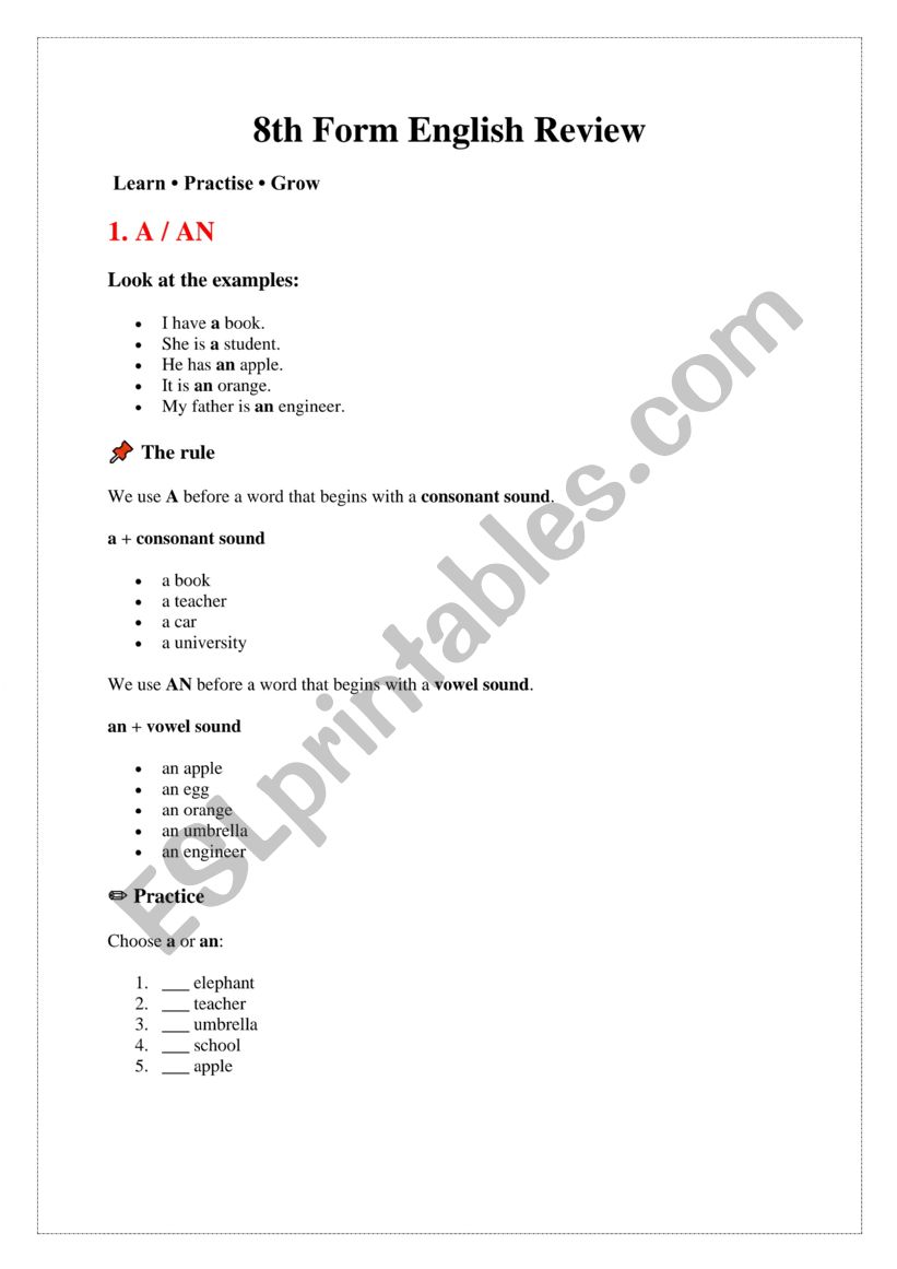 review 8th grade worksheet