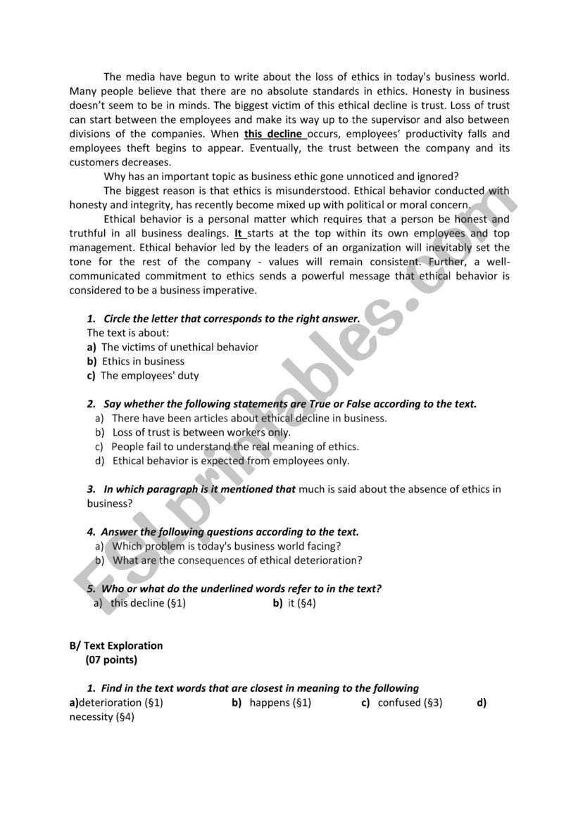 exam worksheet