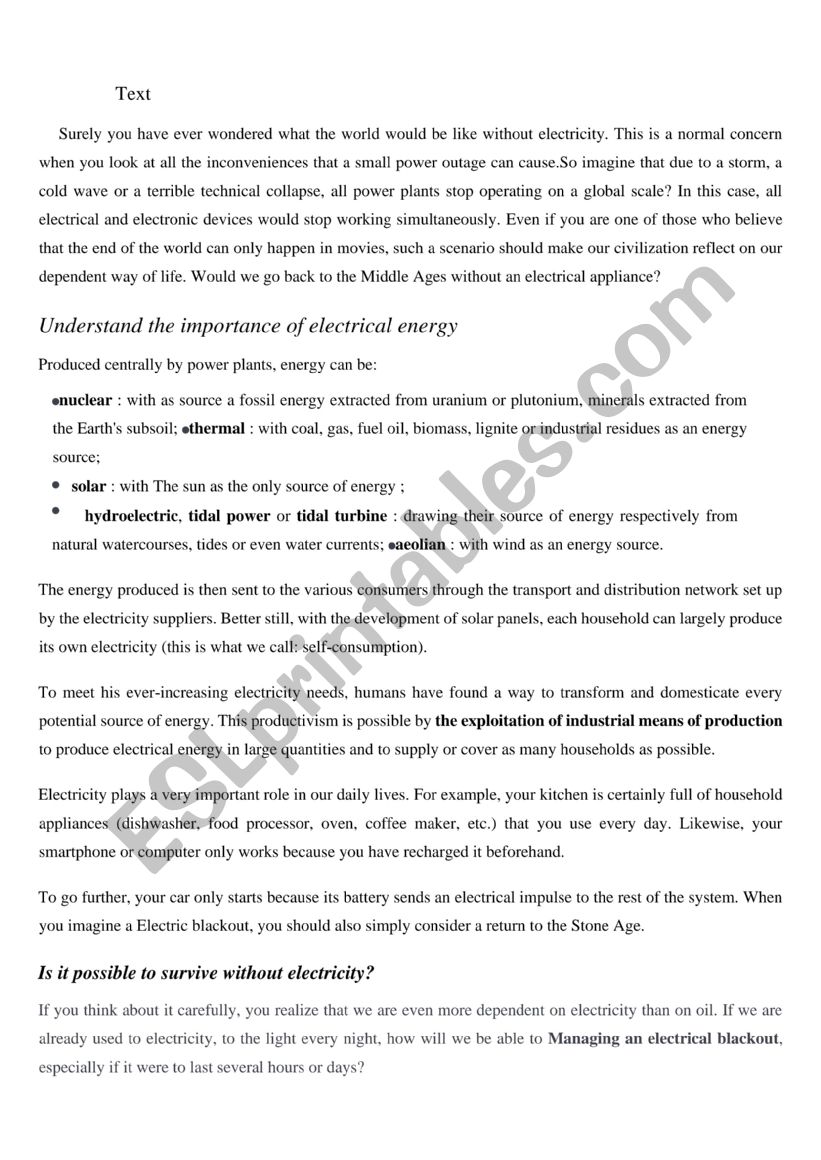  life without electricity worksheet