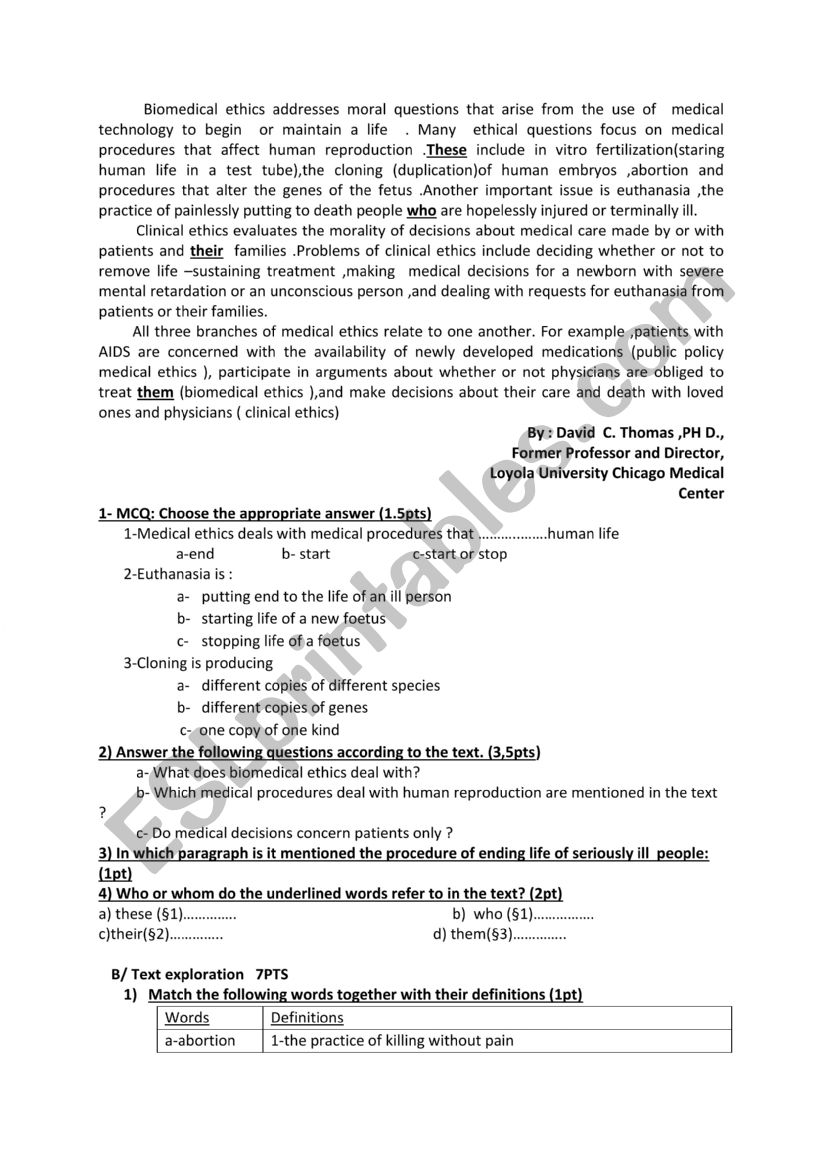 exam worksheet