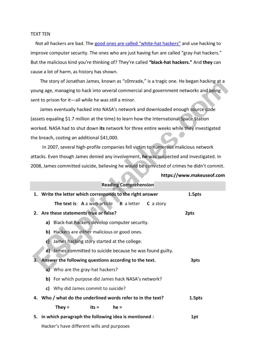 exam worksheet